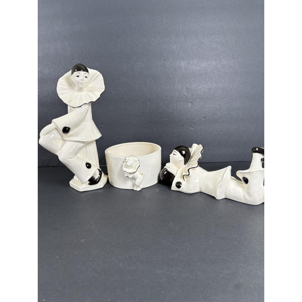 Vintage Pierrot Clown Ceramic Figurines & Planter Set Black White Art Pottery